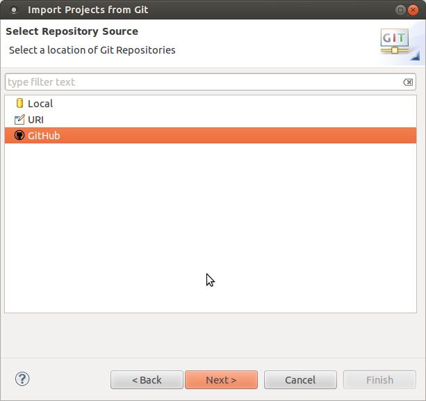 Eclipse dialog for selecting a GitHub repo